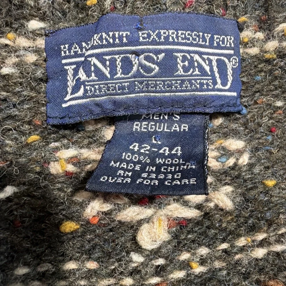 Lands' End Sweater Men's LARGE Heavy Wool Green Shawl Collar Reindeer Christmas